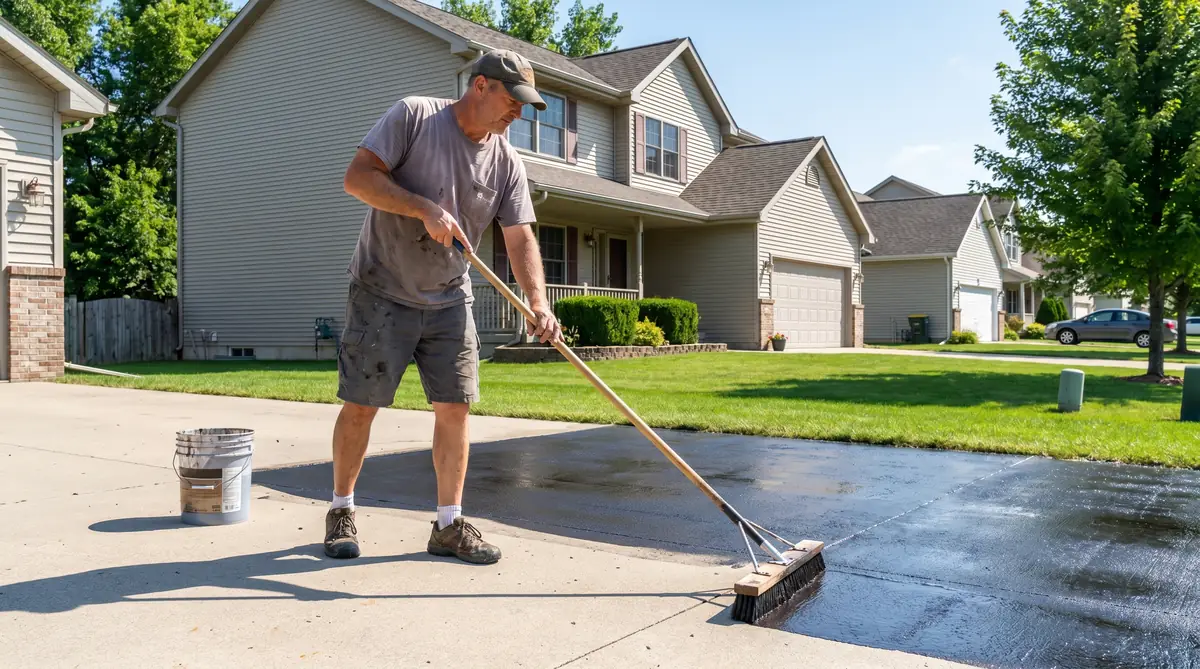 Homeowner applying driveway sealer with long-handle squeegee on sunny day