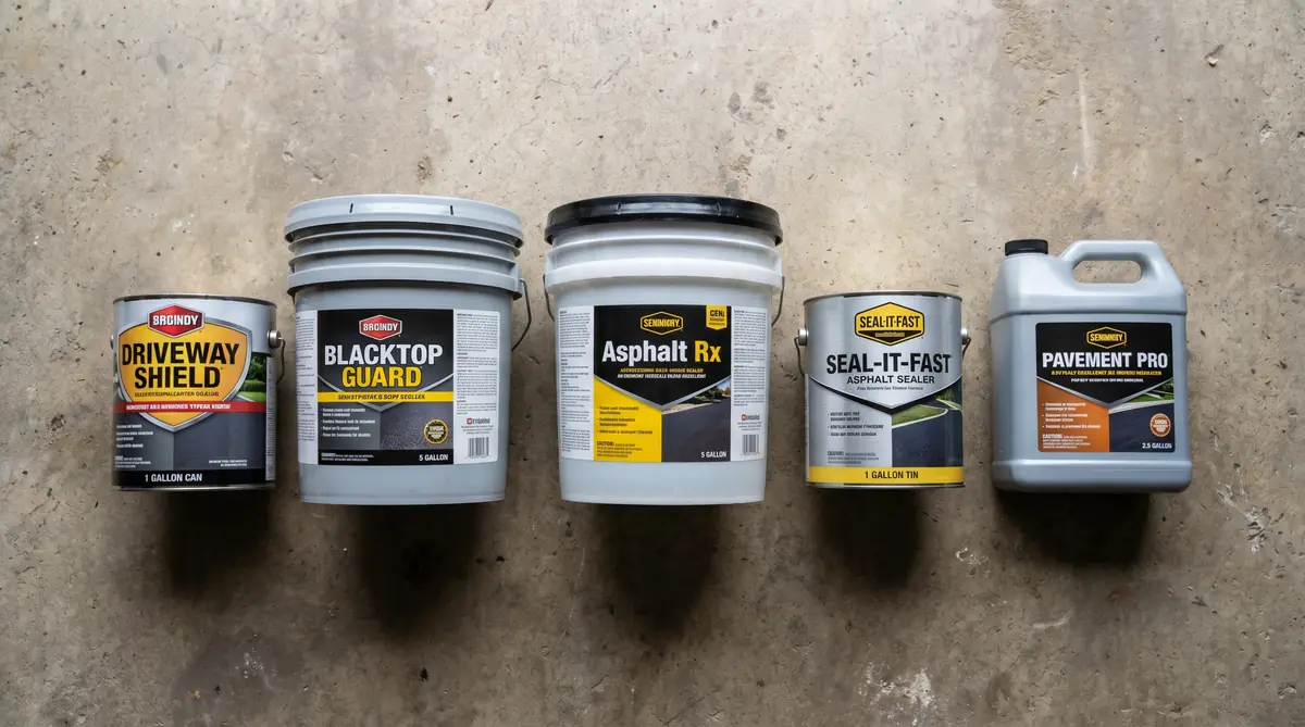 Different asphalt sealer brand buckets side by side for price comparison
