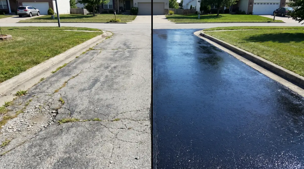 Driveway before and after sealing showing coverage difference