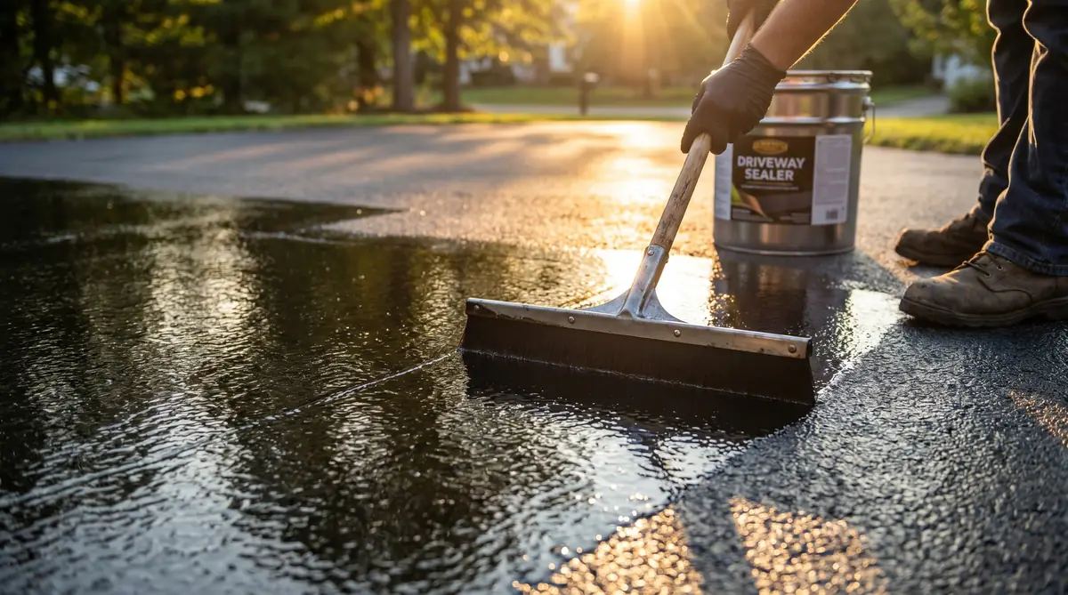 Worker applying black asphalt sealer to driveway with squeegee