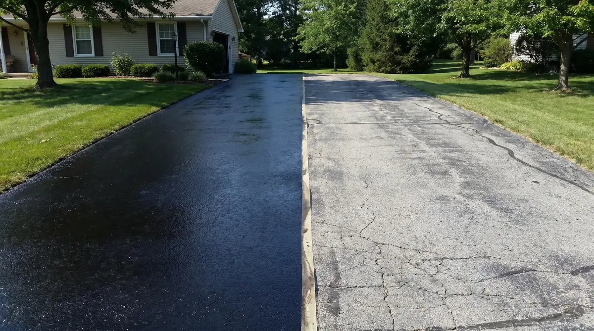 Split driveway showing the left half freshly sealed with dark asphalt sealer and the right half oxidized and unsealed for comparison