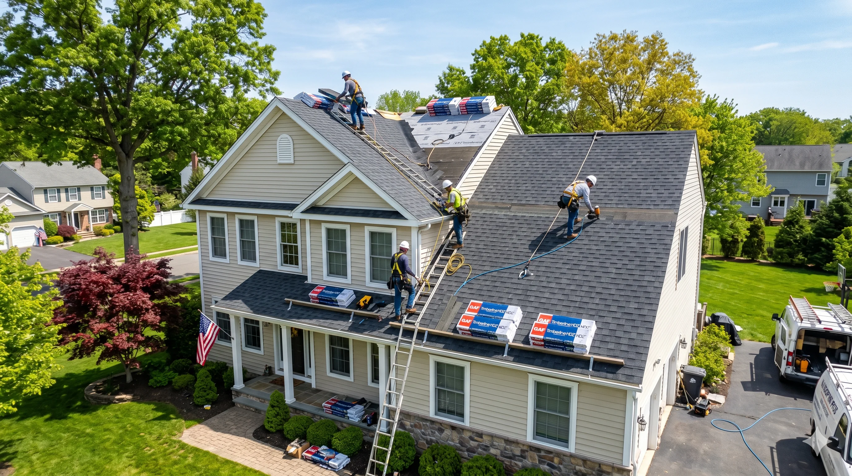 Roofing crew installing architectural asphalt shingles on a New Jersey home
