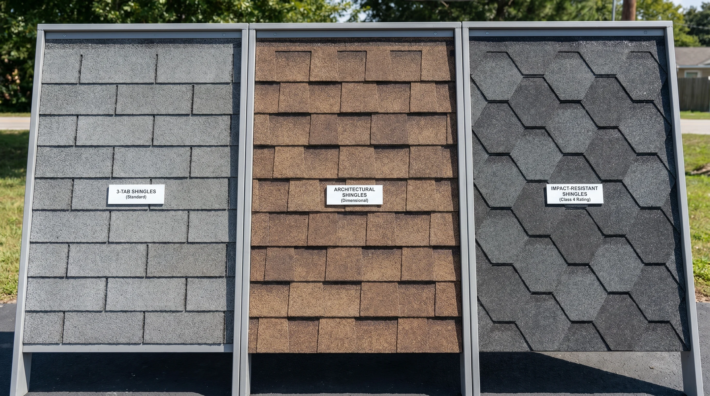 Side-by-side comparison of three asphalt shingle types — flat 3-tab on the left, textured architectural dimensional in the center, and thick impact-resistant shingle on the right