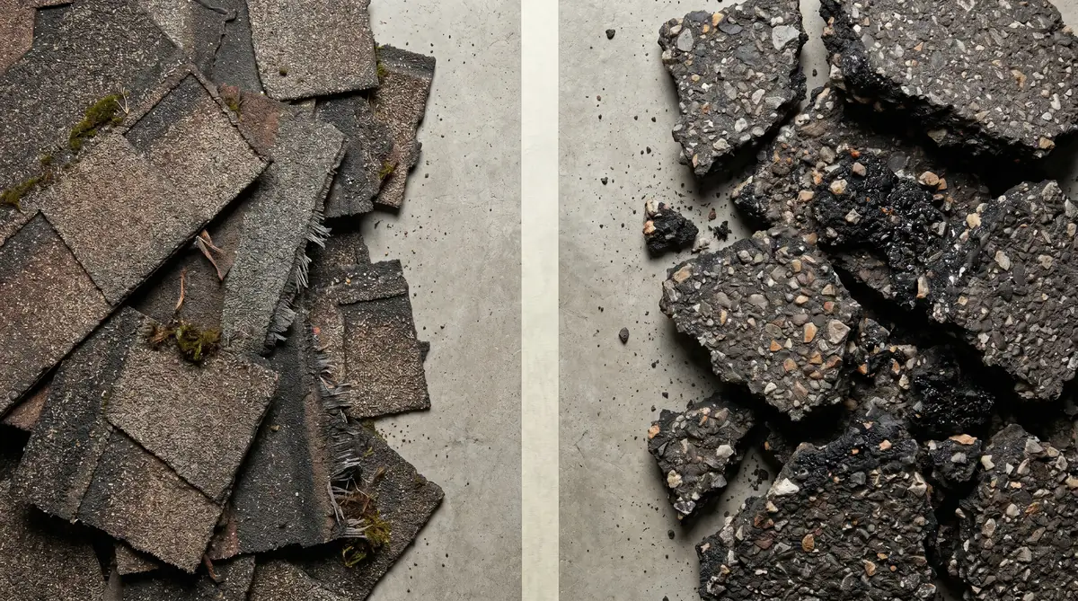 Flat lay comparison: left half shows a stack of old torn-off asphalt roof shingles with granule texture, right half shows broken asphalt pavement chunks with aggregate and tar binder visible, on a concrete floor with a clear dividing line