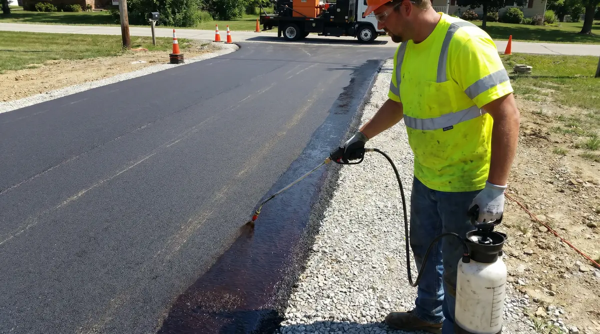 Worker applying tack coat emulsion with a hand spray wand on a small paving area