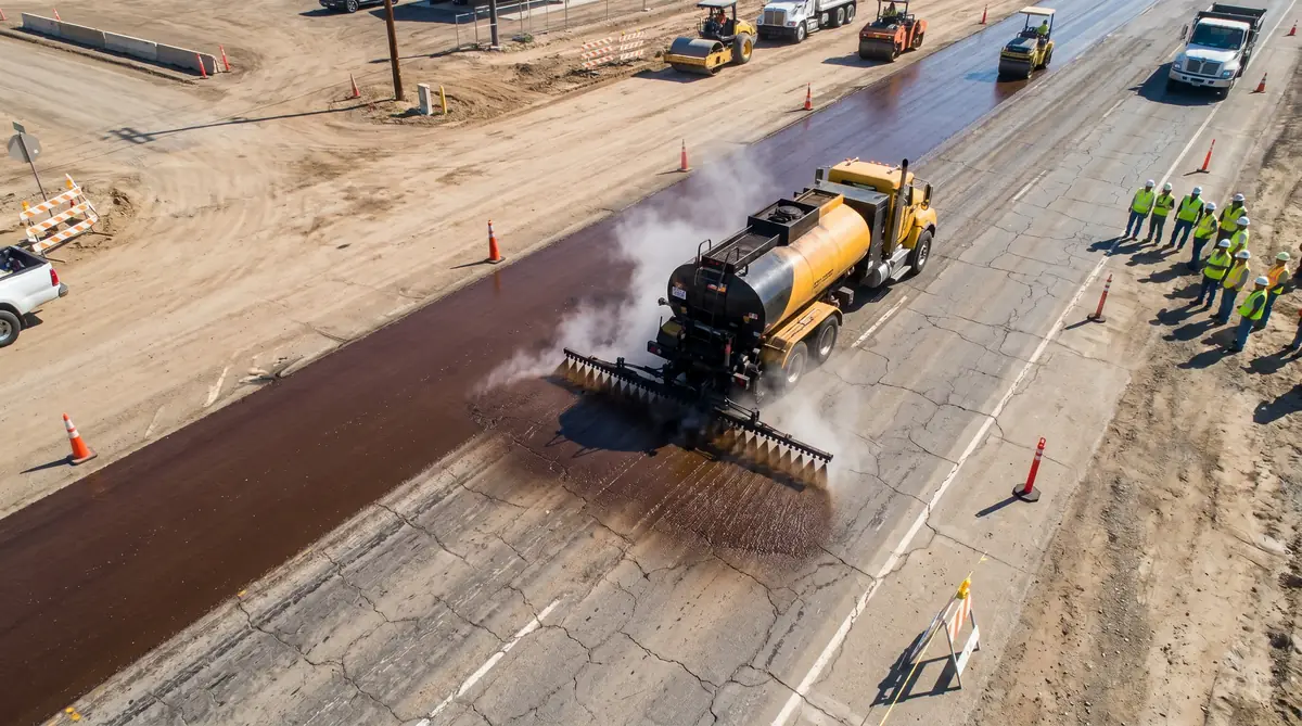 Distributor truck spraying tack coat emulsion on road surface before asphalt paving