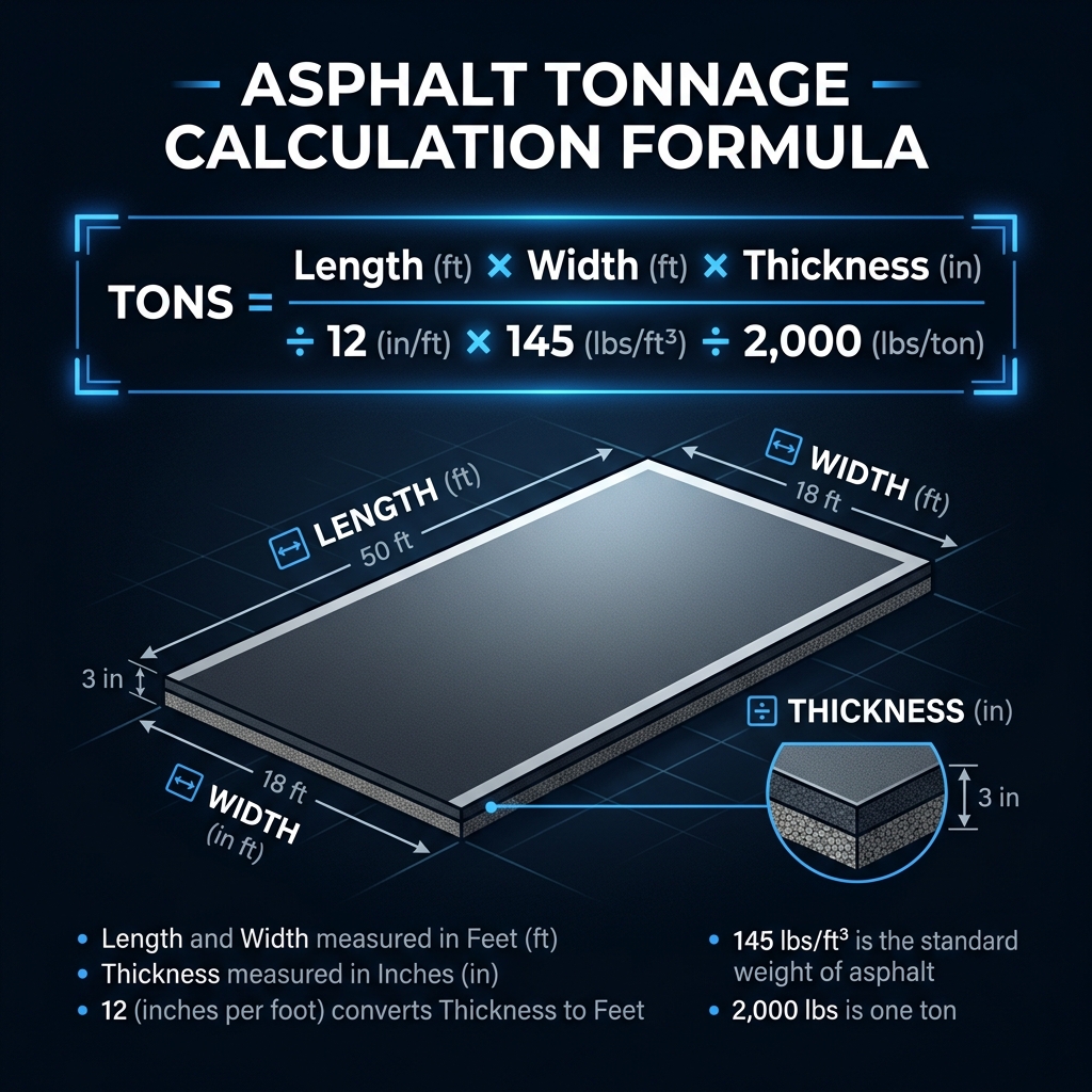 Asphalt tonnage formula diagram showing length, width and depth measurements