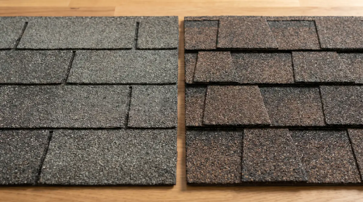 Side-by-side close-up of a flat 3-tab asphalt shingle on the left and a thick dimensional architectural shingle on the right showing the texture difference