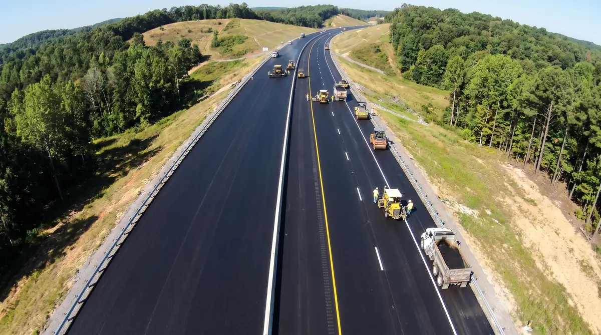Freshly paved asphaltic concrete highway surface with smooth black texture and lane markings