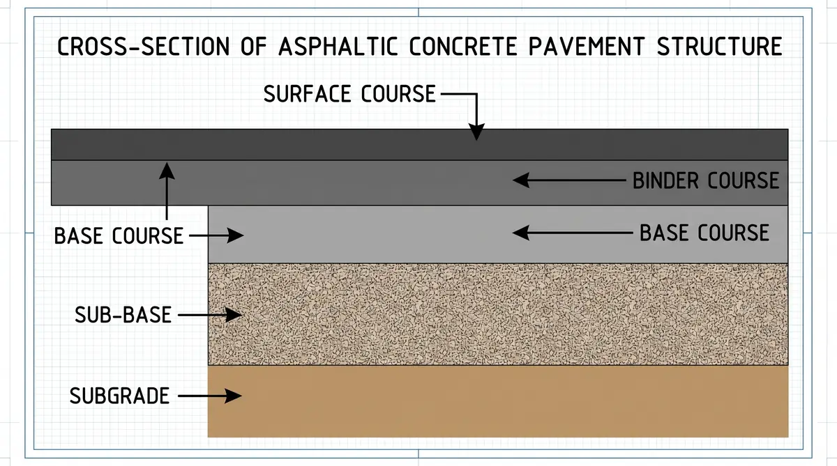 Cross-section diagram of asphaltic concrete pavement layers showing surface, binder, base course and subgrade