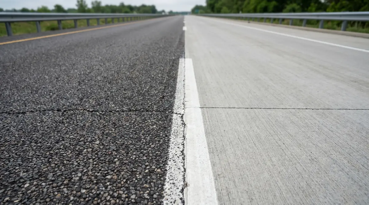 Side-by-side comparison of dark asphaltic concrete road surface and light grey Portland cement concrete pavement