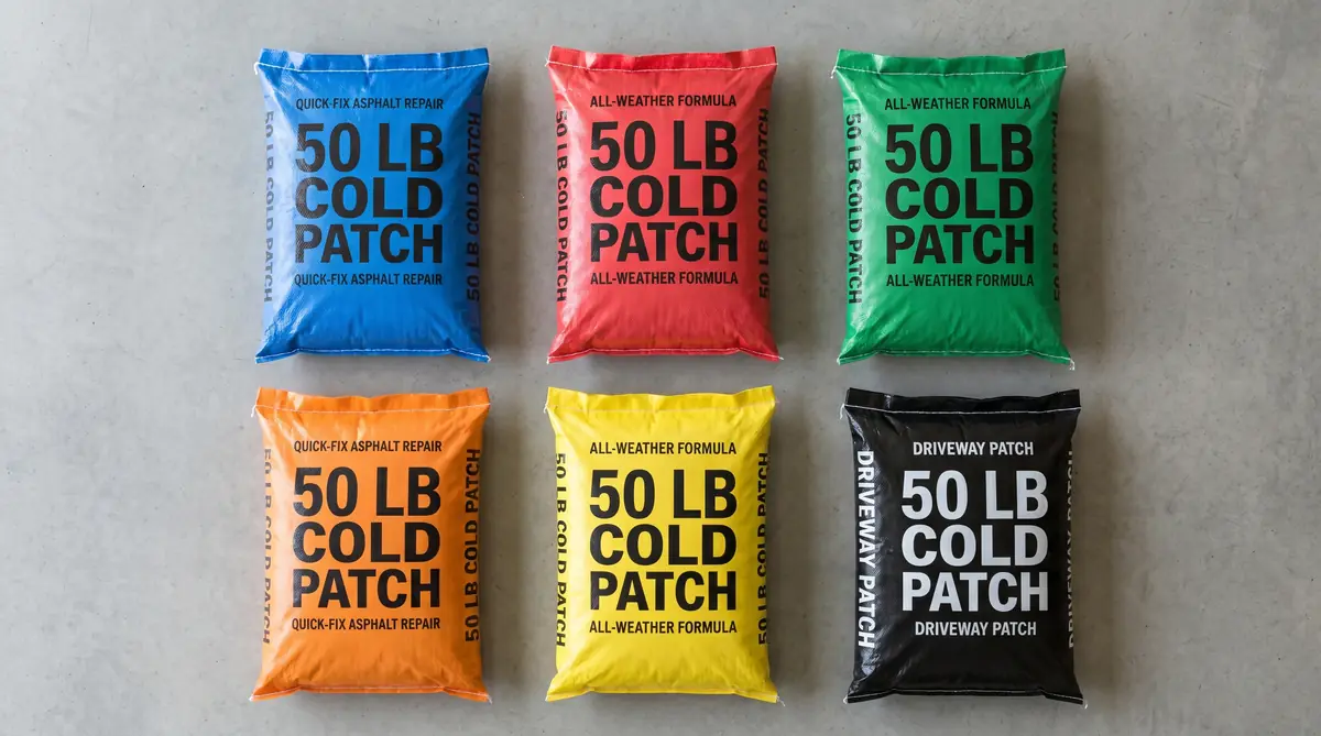 Flat lay overhead view of six different 50-pound bagged asphalt cold patch products arranged in a 2x3 grid on a clean concrete floor with distinct color schemes and bold labels