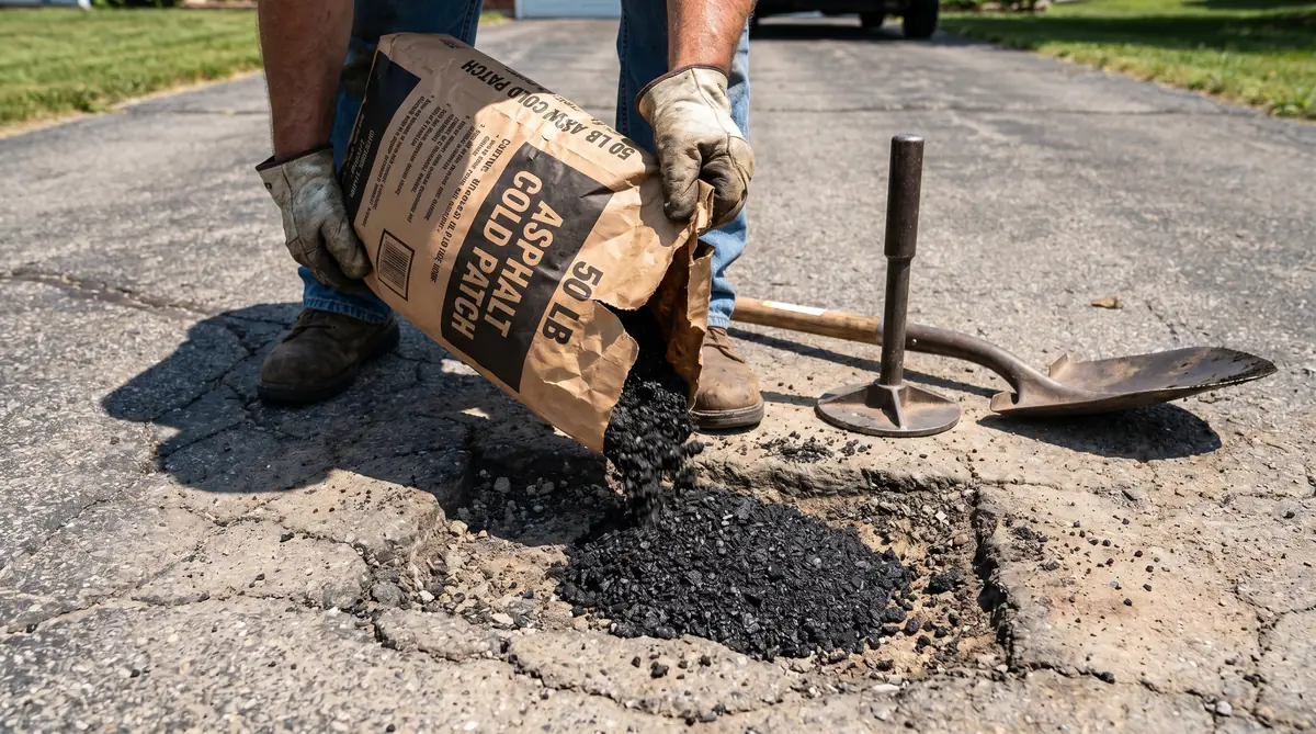 Close-up of gloved hands pouring black bagged asphalt cold patch mix from a torn 50-pound bag into a rectangular pothole in a residential driveway with hand tamper and shovel visible beside the pothole