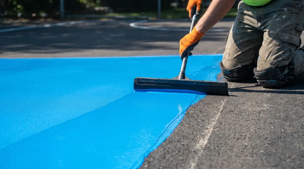 Worker applying bright blue acrylic sport coating to asphalt basketball court using large rubber squeegee, showing vivid color contrast between coated and uncoated sections
