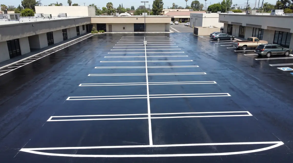 Freshly paved large commercial parking lot with new black asphalt and white painted stall lines in the California sunshine
