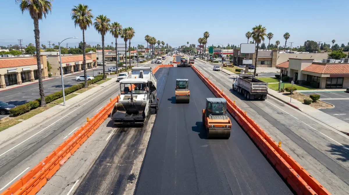 Large commercial asphalt paving operation on a multi-lane urban California road with paver and rollers compacting fresh asphalt
