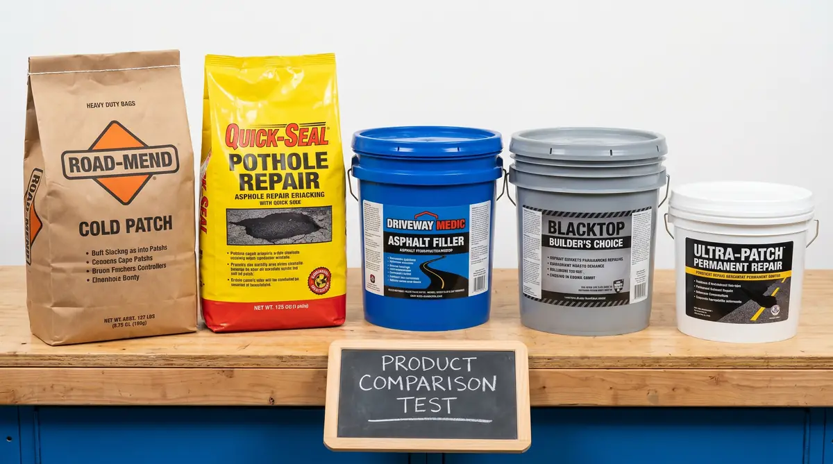 Multiple brands of asphalt repair products lined up side by side on a shelf — bags and buckets with different labels in a product comparison setup with clean bright lighting