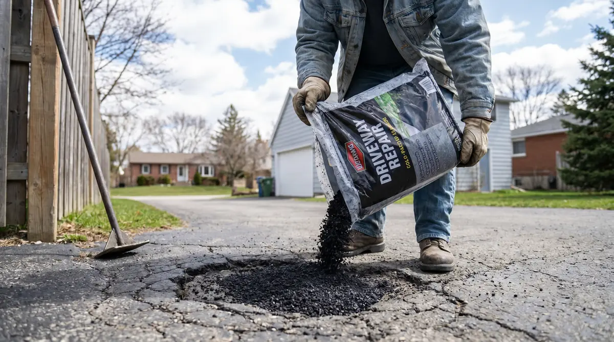 Person pouring dark cold-patch asphalt from a repair bag into a pothole in a residential driveway — tamping tool nearby, daytime outdoor setting, documentary repair photography style