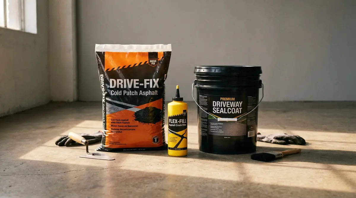 Flat lay of asphalt repair product bags and buckets on a concrete surface including cold patch bags, crack filler bottle, and sealcoat bucket — professional product lineup photography with warm natural light