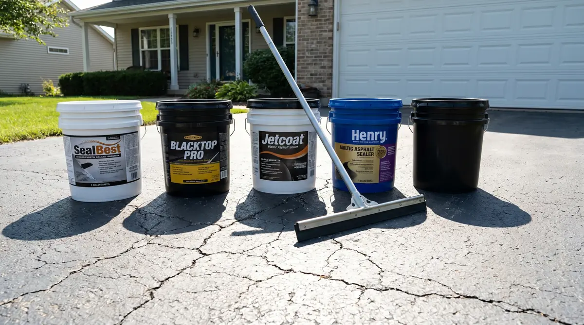 Five different asphalt driveway sealer buckets lined up on a residential driveway next to a long-handled squeegee applicator