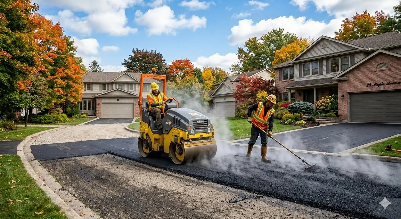 Best time to pave a driveway — paving crew working in perfect weather