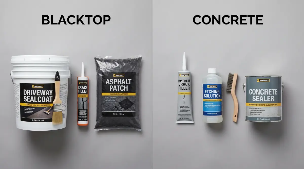 Flat lay showing blacktop maintenance products on the left (sealcoat bucket, crack filler, patch bag) and concrete maintenance products on the right (crack filler, etching solution, sealer) on a neutral grey surface