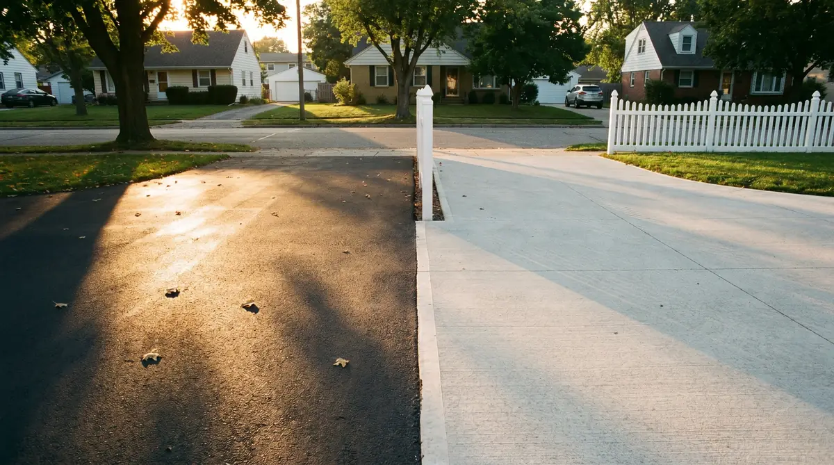 Side-by-side ground-level photo of two adjacent driveways — dark blacktop asphalt on the left and light brushed concrete on the right — warm afternoon suburban light
