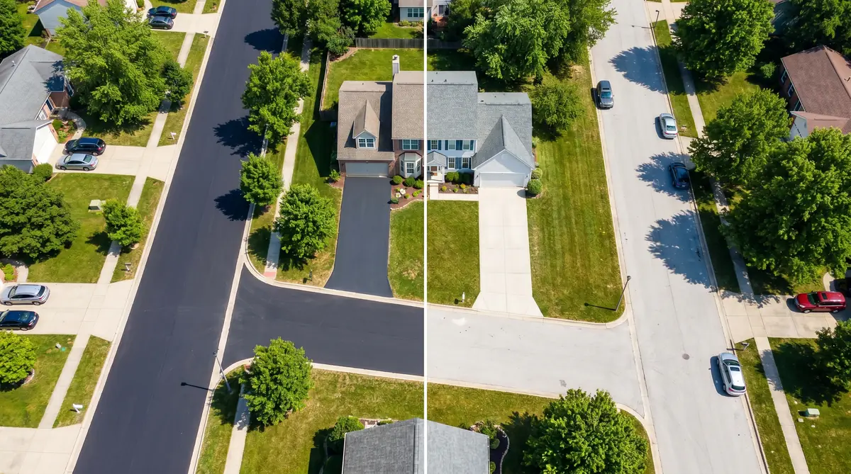 Split-screen aerial view of a residential street showing a dark blacktop asphalt driveway on one side and a light grey concrete driveway on the other — sunny suburban neighborhood