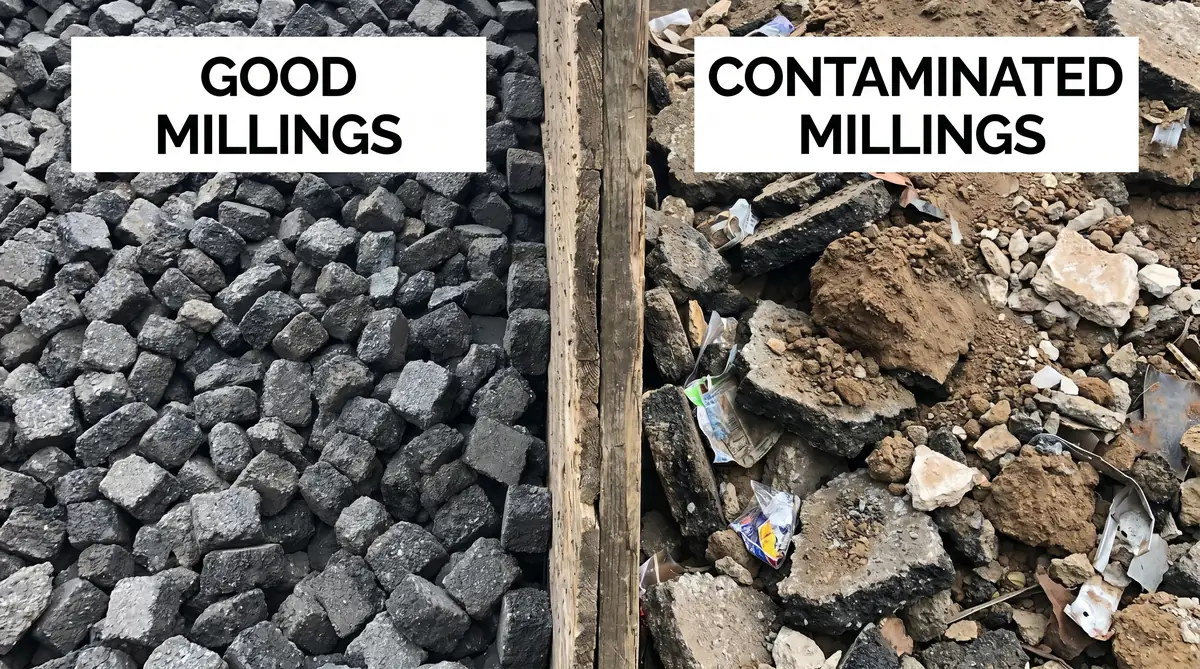Side-by-side comparison of asphalt millings quality showing good quality freshly screened uniform dark particles at 3/4 inch size on the left versus poor quality contaminated millings with concrete chunks dirt and debris on the right
