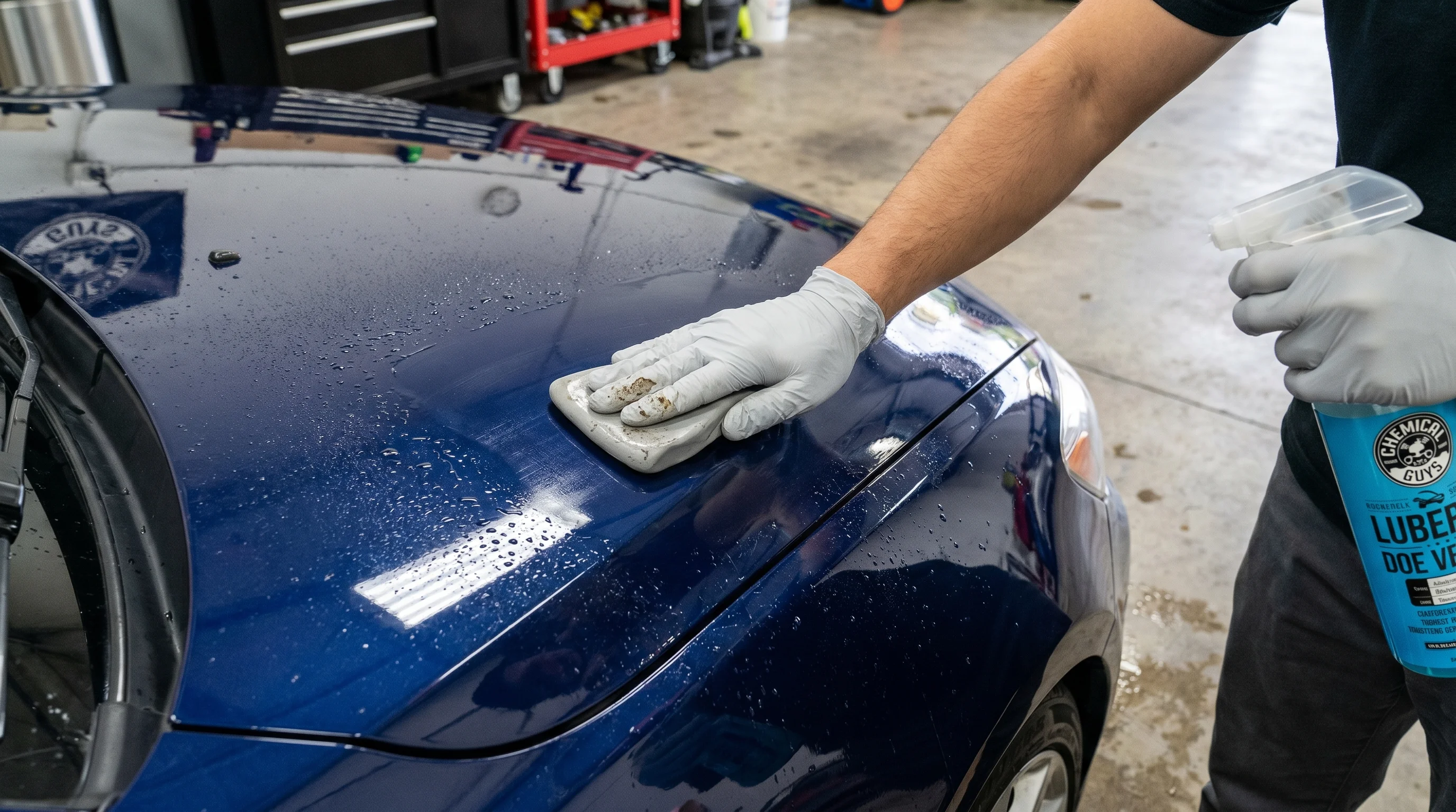 Person wearing blue nitrile gloves using a gray clay bar with lubricant spray on a red car door panel during a professional detailing session