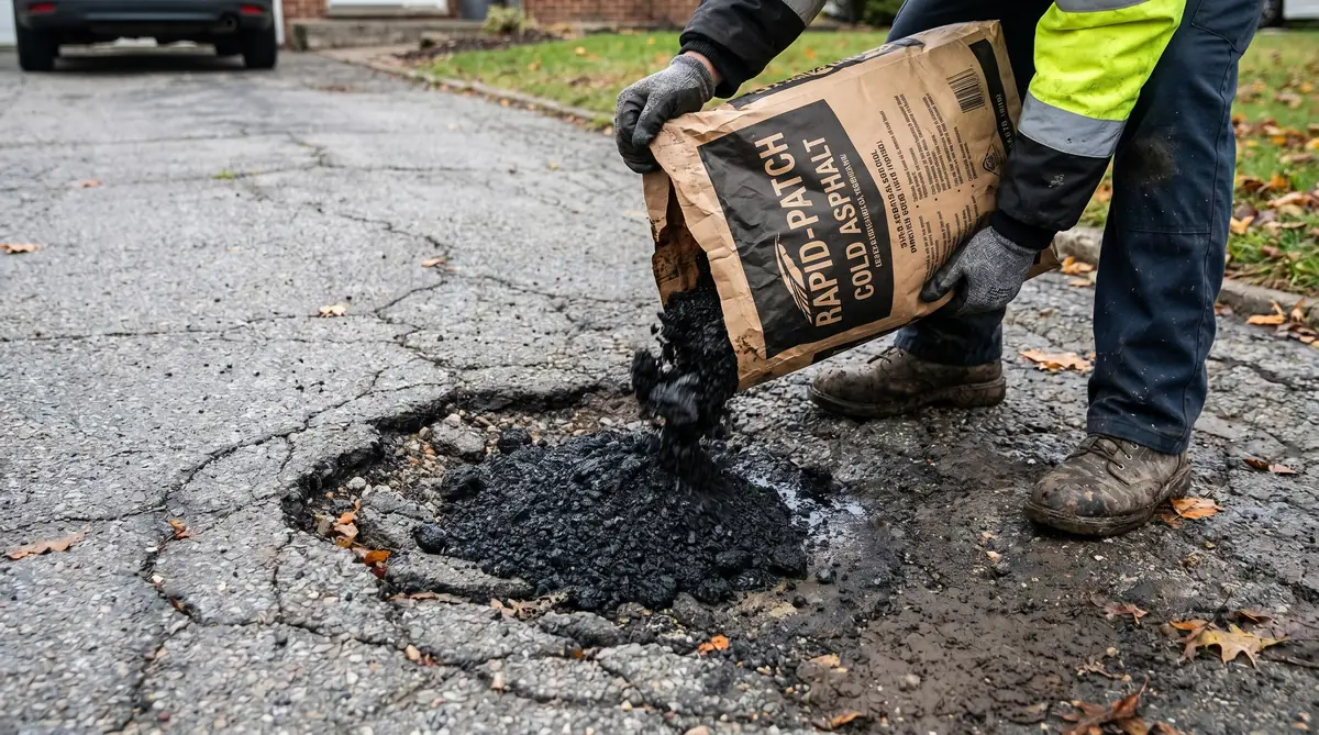 Worker pouring black cold asphalt patch from a bag into a pothole on a residential driveway — close-up showing dark material texture against aged grey pavement in overcast daylight