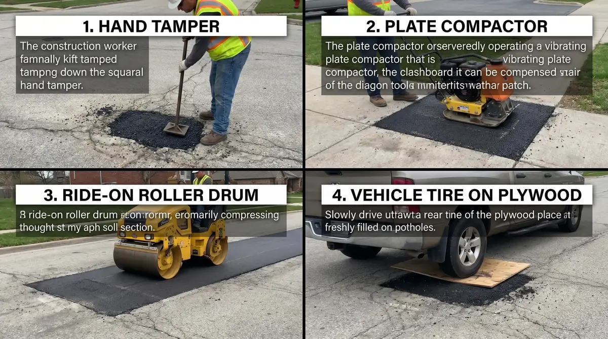 Split image showing four asphalt patch compaction methods: hand tamper, plate compactor, ride-on roller drum, and vehicle tire pressing over plywood — instructional documentary style photography