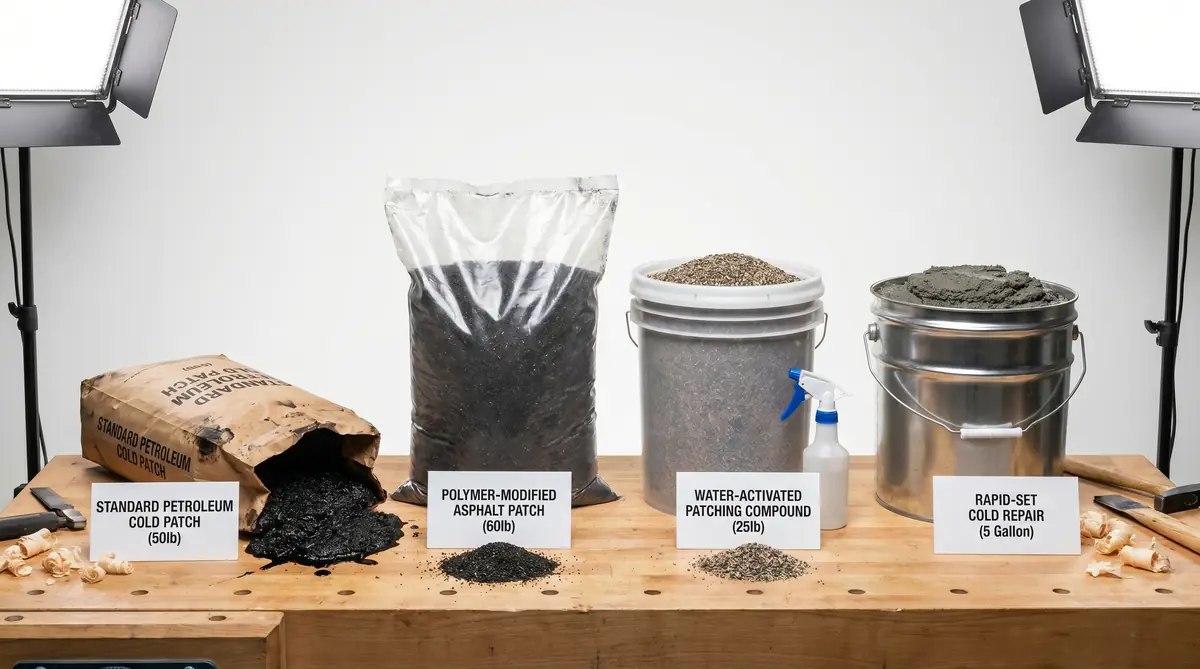 Four types of cold patch products side by side on a workbench — standard petroleum bag, polymer-modified bag, water-activated pail, and rapid-set bucket with labels and bright studio lighting