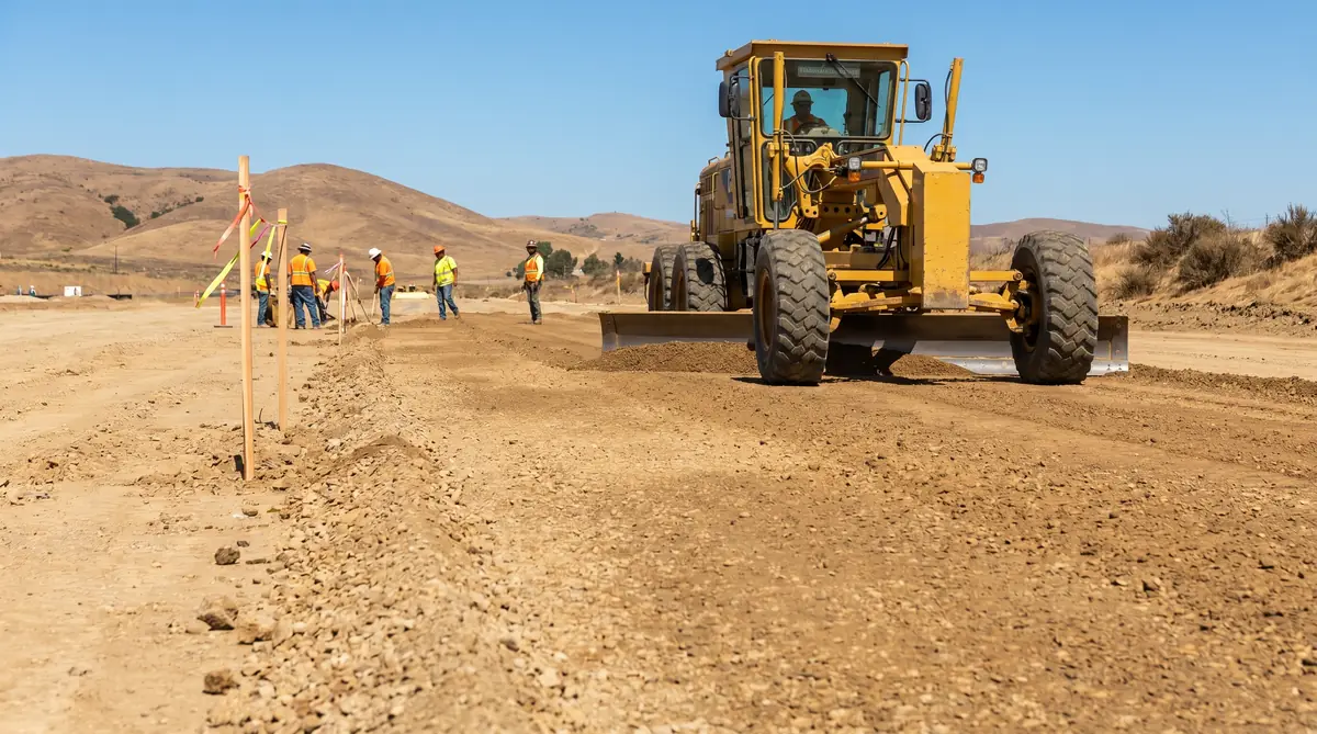 Heavy motor grader leveling compacted sub-base on a large commercial construction site with workers in high-visibility vests