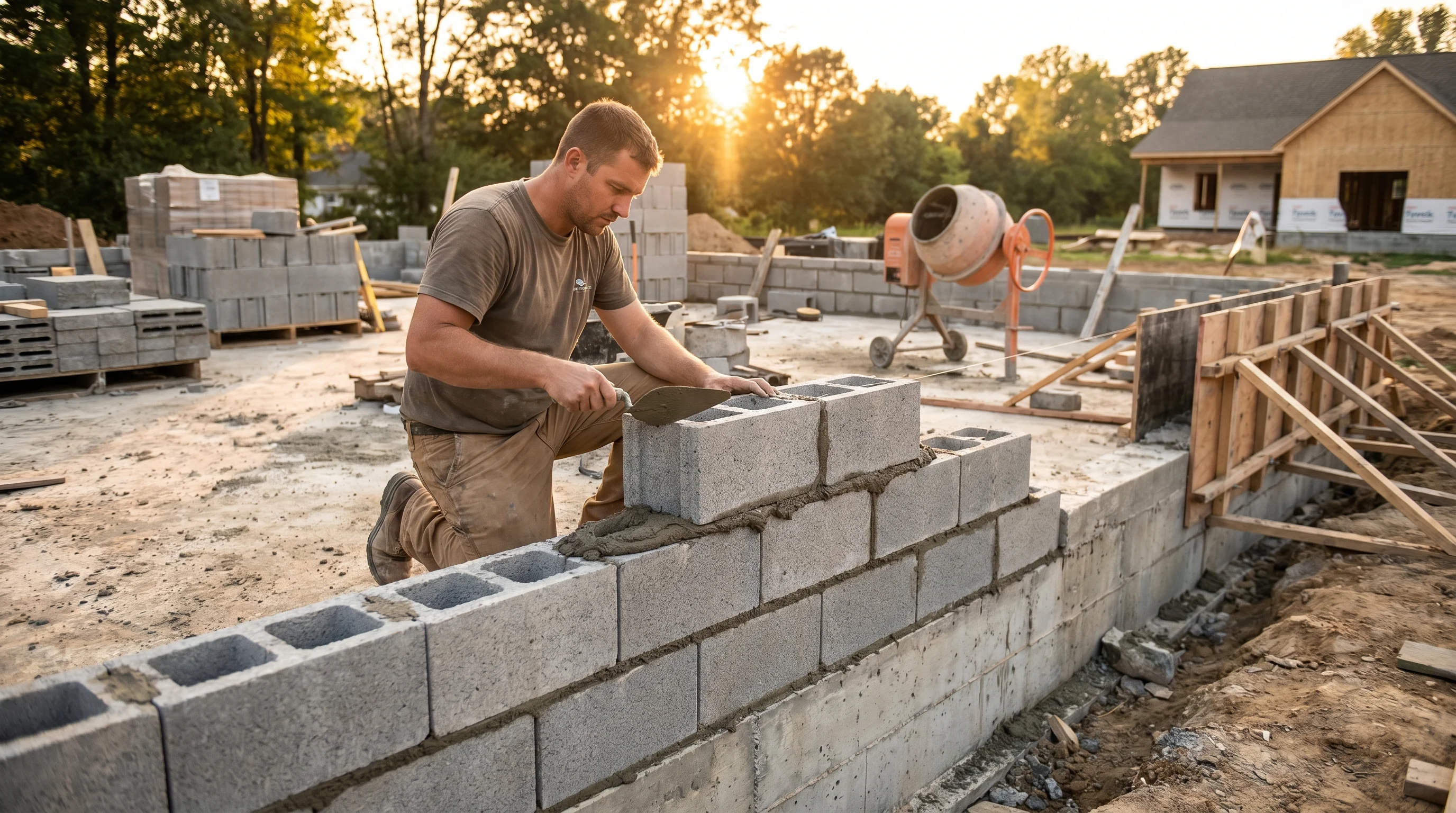 Mason laying concrete masonry unit blocks on a residential foundation wall, mortar trowel in hand, stacked block courses visible with mortar joints
