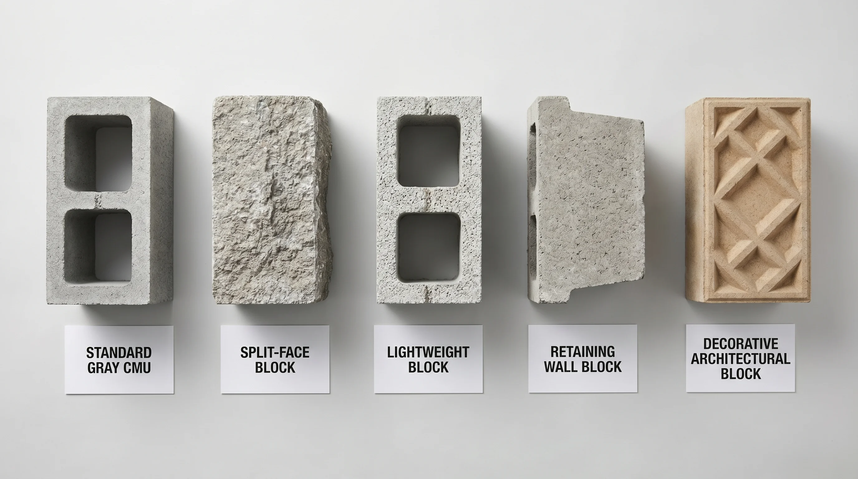Five different concrete block types side by side — standard gray CMU, split-face block, lightweight block, retaining wall block, and decorative architectural block