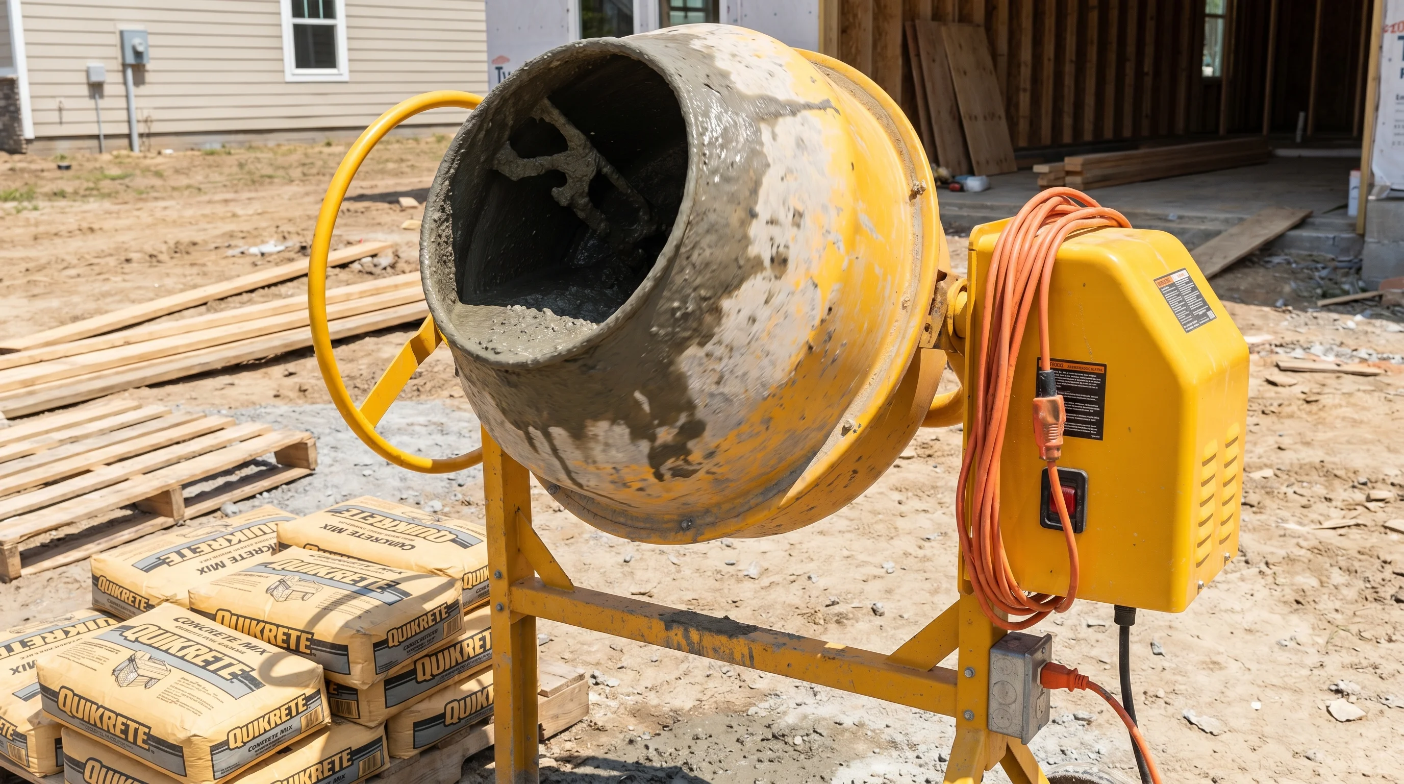 Yellow electric drum concrete mixer on a residential construction site, rotating drum with wet gray concrete visible inside, concrete bags stacked nearby