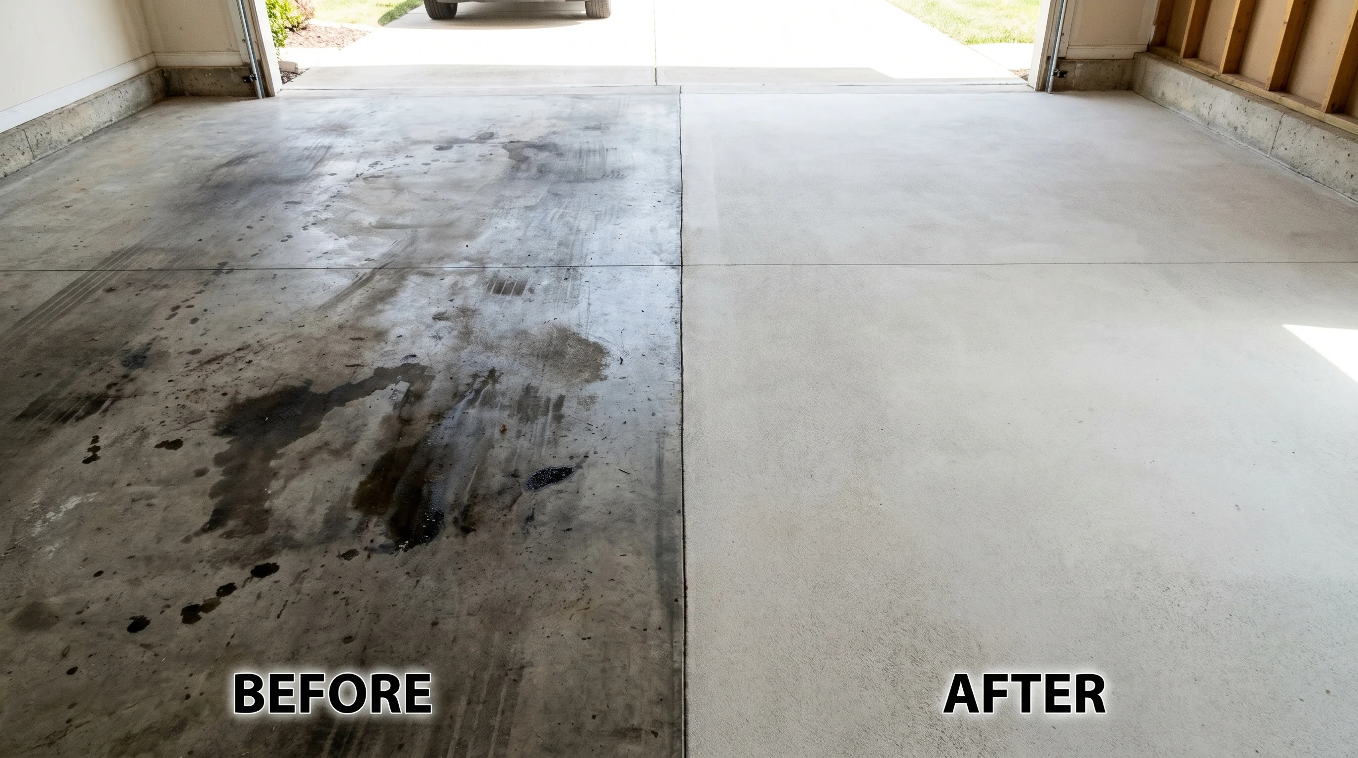 Before-and-after split image of a concrete garage floor — left half showing dark oil stains and tire marks, right half showing clean light-gray concrete after treatment