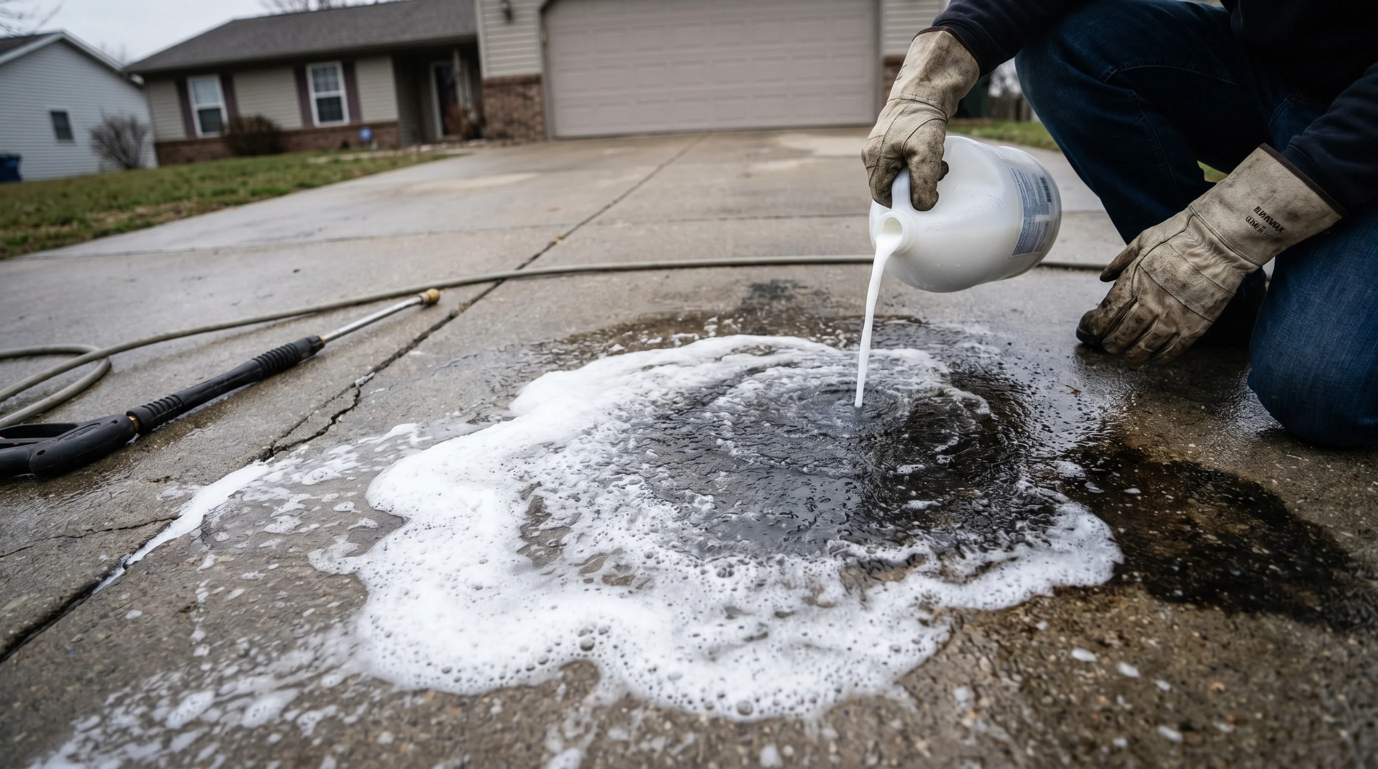 Person in work gloves applying foaming alkaline degreaser to a dark oil-stained residential concrete driveway, suds spreading across gray slab