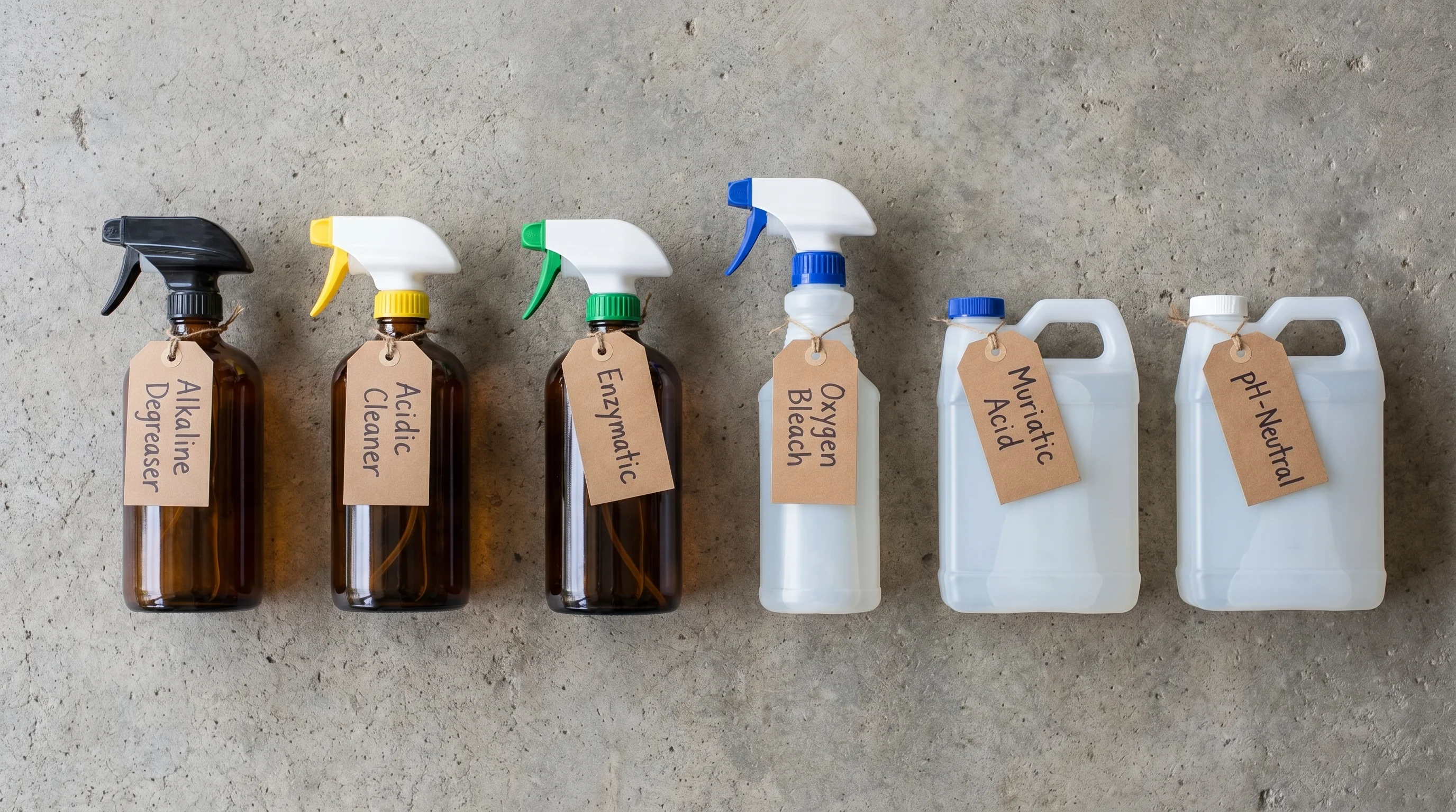 Flat lay of six labeled concrete cleaner product types arranged on a rough concrete floor — alkaline degreaser, acidic cleaner, enzymatic, oxygen bleach, muriatic acid, pH-neutral