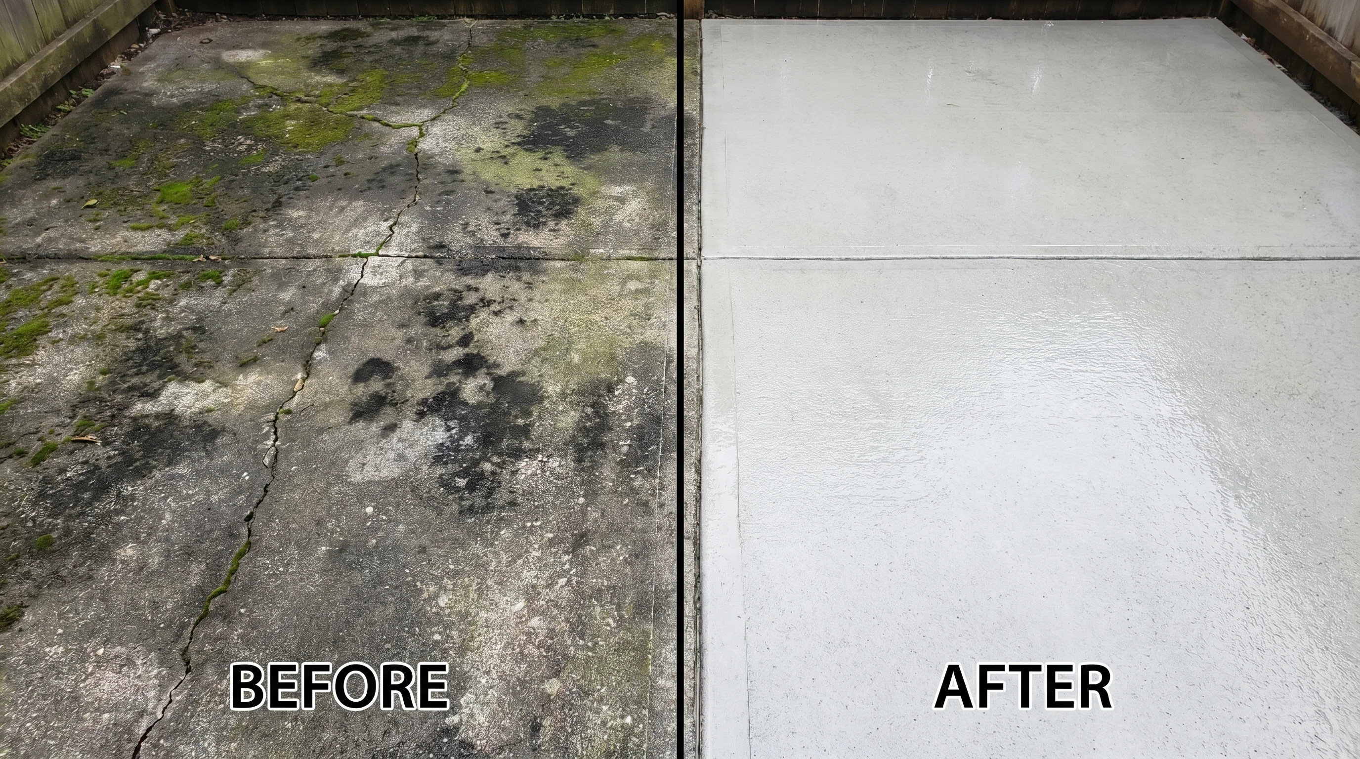 Before and after split of a concrete patio — left side dark stained weathered concrete with mold and dirt, right side same surface freshly cleaned bright and light gray