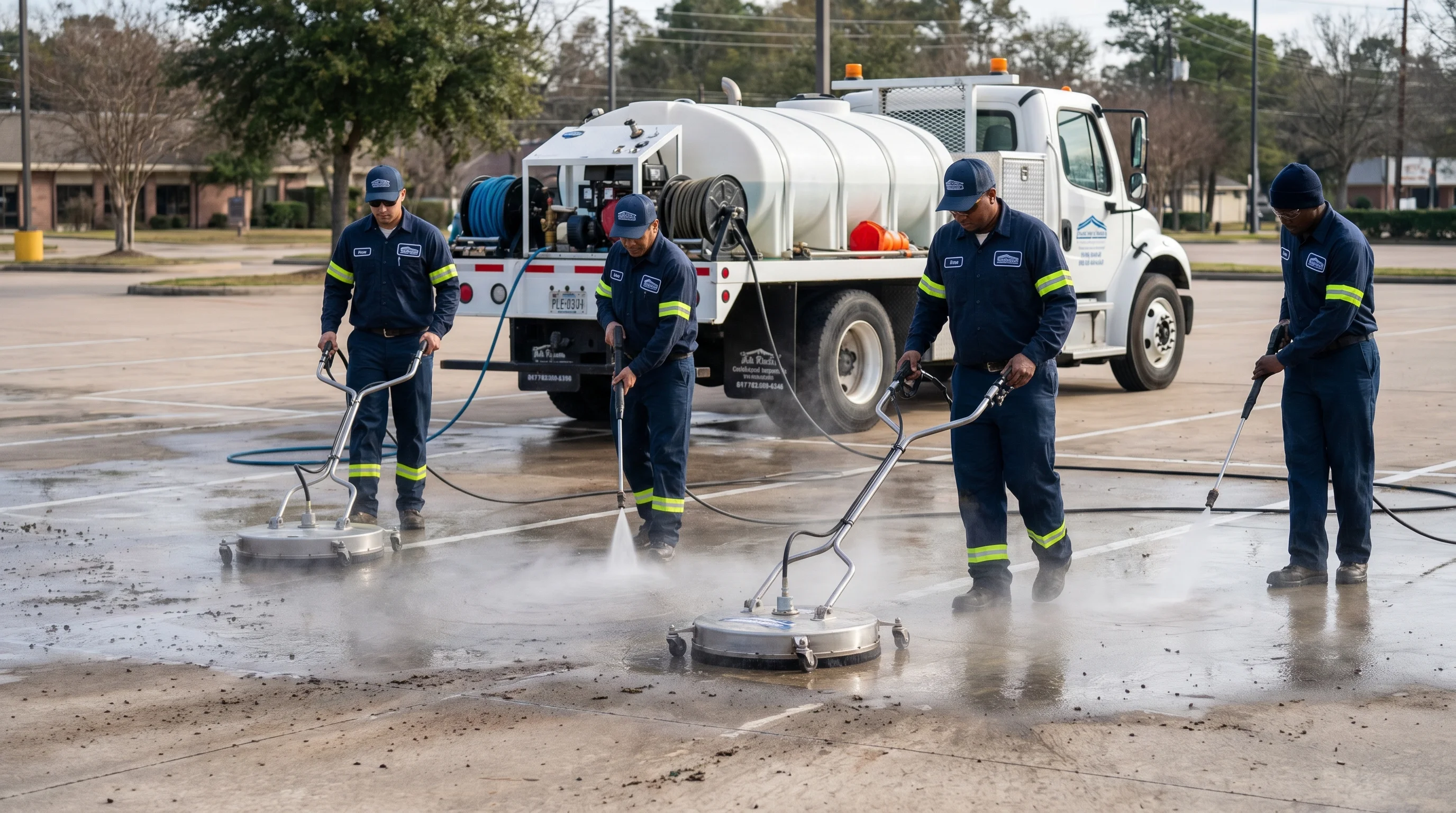 Professional concrete cleaning crew in matching uniforms operating industrial pressure washing equipment on a commercial parking lot with truck-mounted unit visible