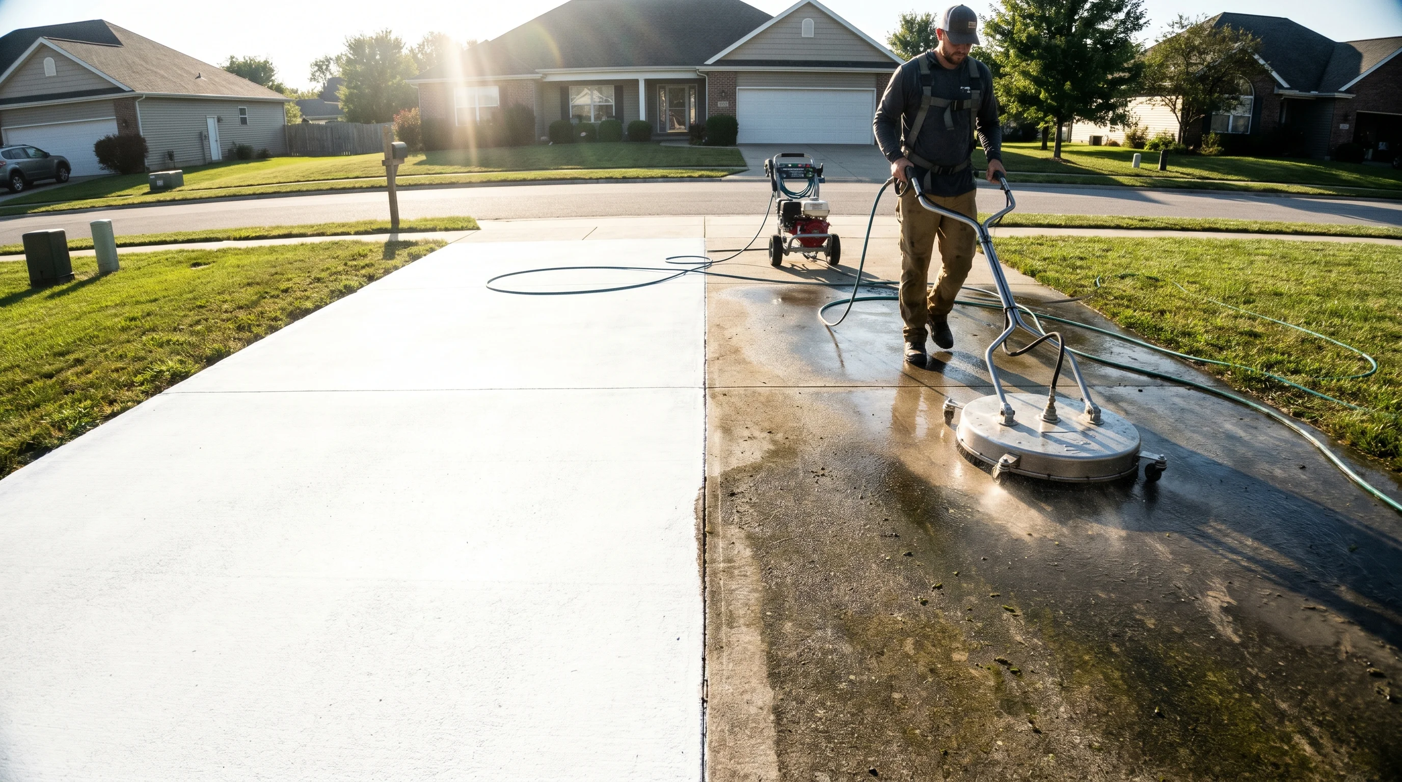 Professional using a surface cleaner attachment on a pressure washer to clean a residential concrete driveway, dramatic half-cleaned split showing bright clean concrete vs gray stained surface