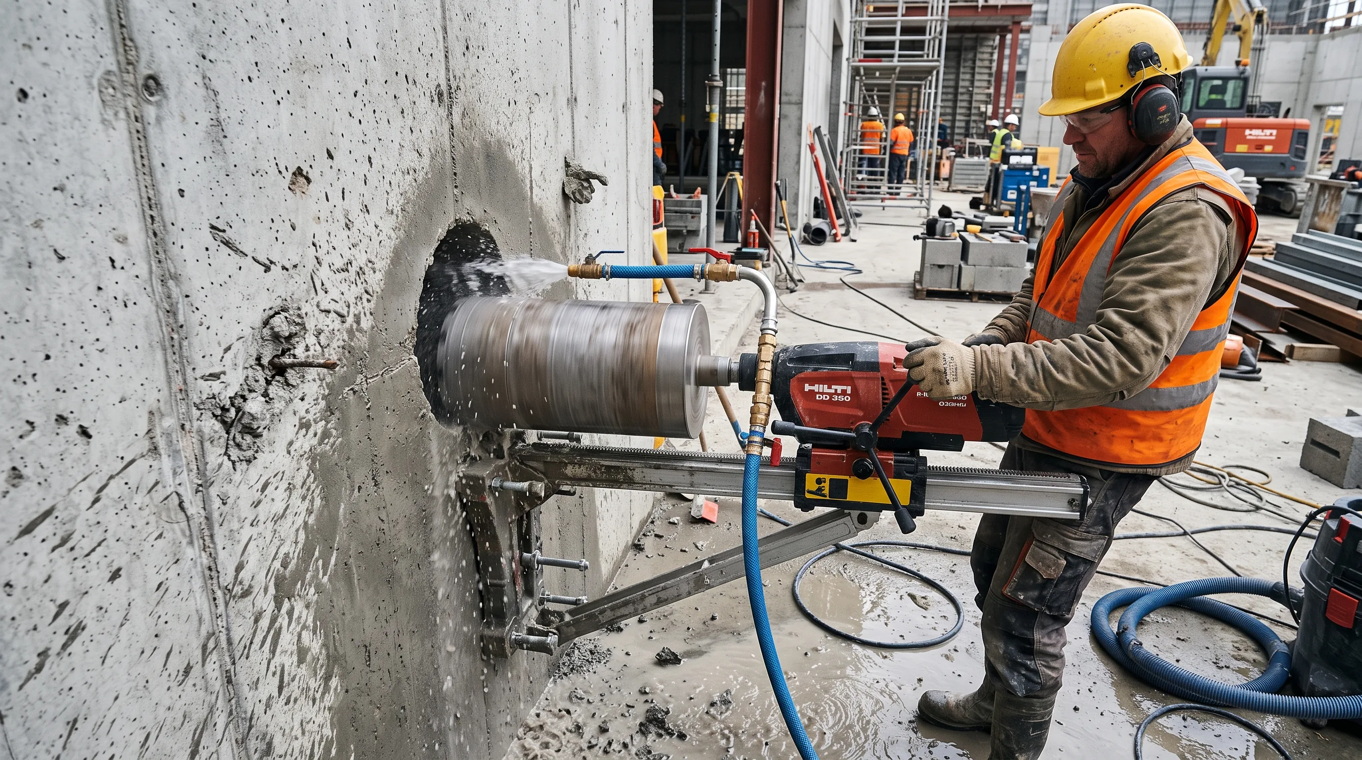 Stand-mounted diamond core drill rig cutting a large round hole through a concrete wall, with a water supply line attached for wet cutting