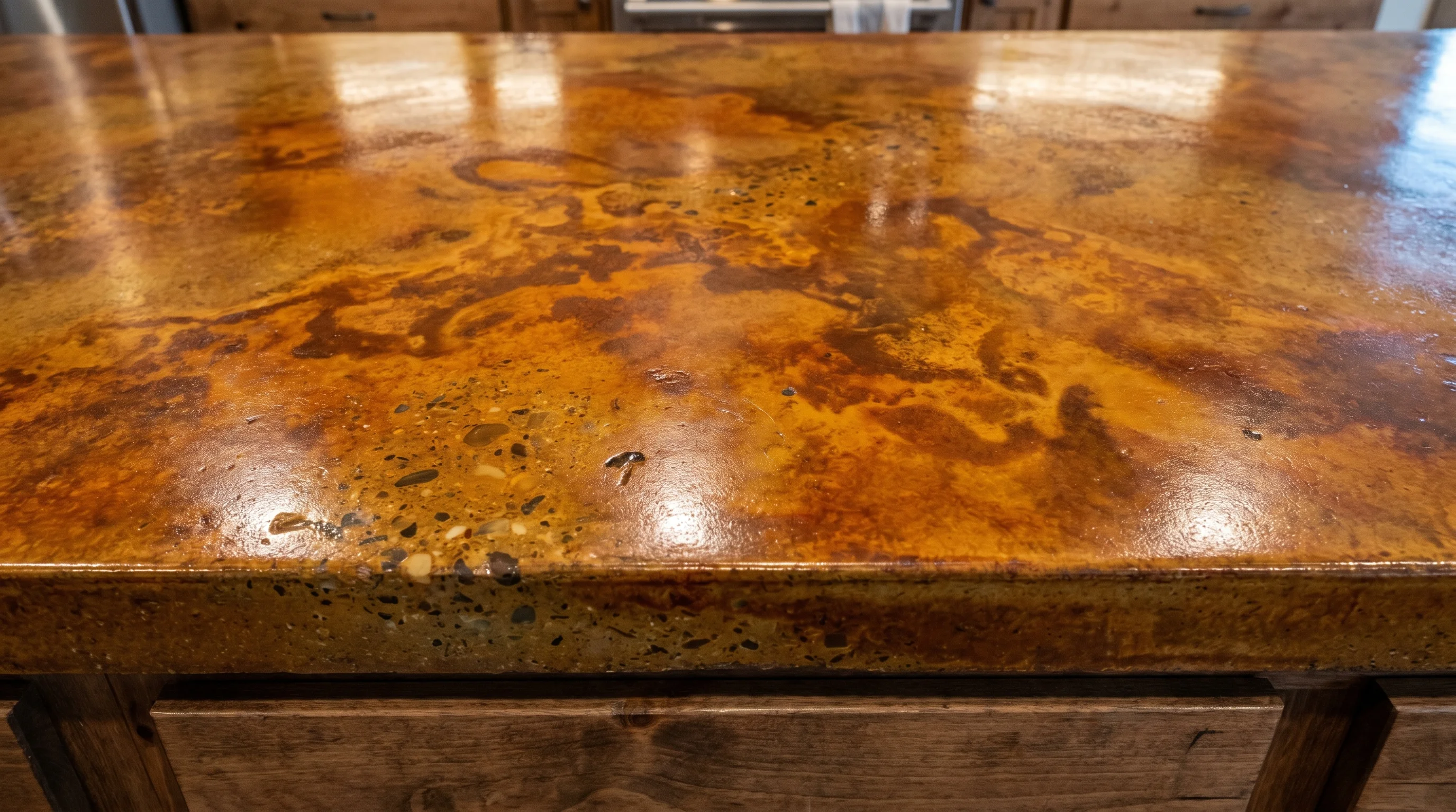 Acid-stained concrete countertop in warm caramel and amber tones with mottled translucent color variation, polished glossy finish, mounted on a kitchen island with rustic wood cabinets