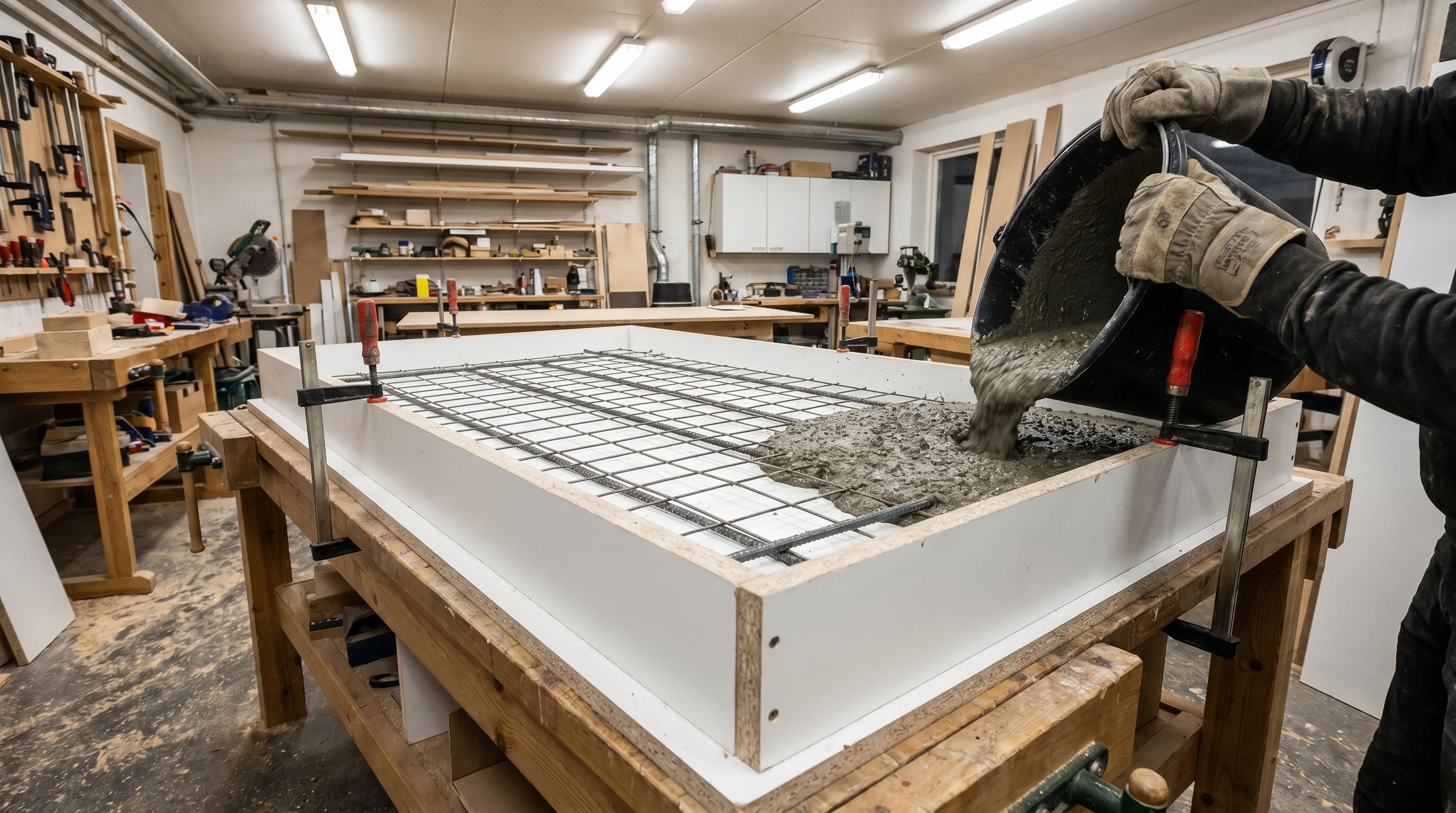 DIY concrete countertop forming process — melamine form built upside down on a workbench with rebar reinforcement and mesh laid inside, ready for the concrete pour, tools and bagged countertop mix in the background