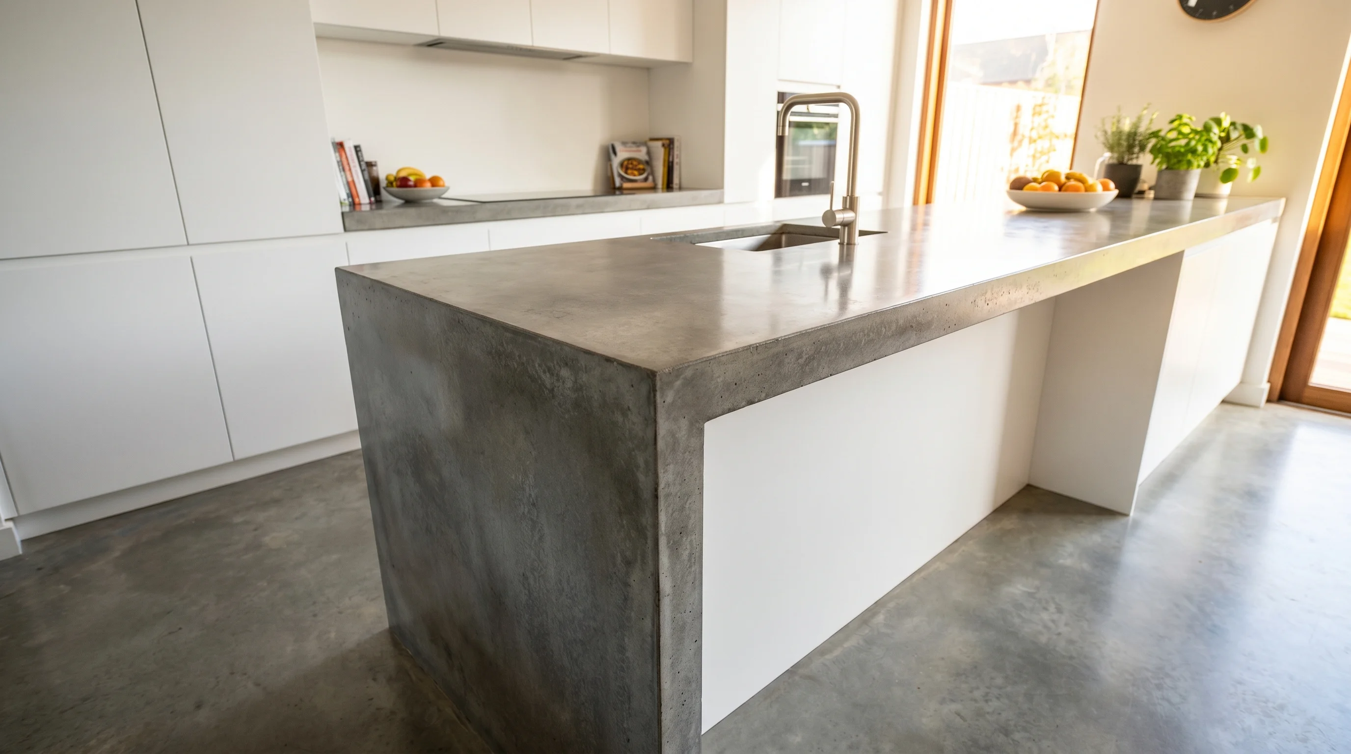 Polished gray concrete kitchen countertop with a soft natural sheen, undermount sink, integrated drainboard, modern white shaker cabinets, warm pendant lighting, and a backsplash of subway tile