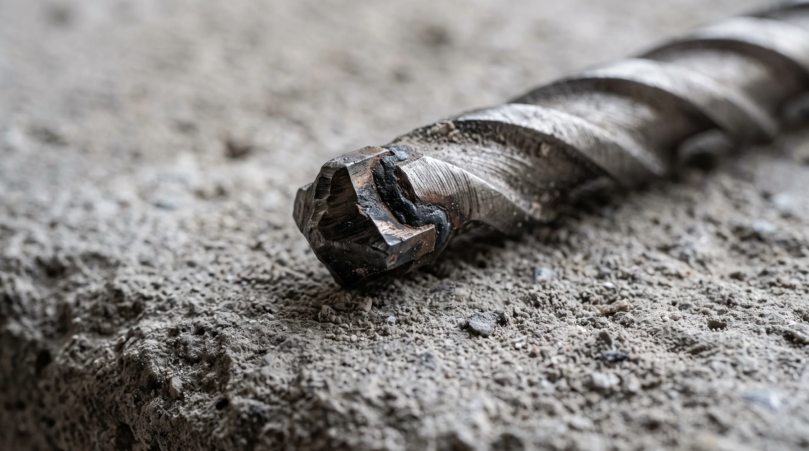 Macro close-up of a carbide drill bit tip showing the brazed tungsten carbide insert and spiral flutes, resting on gray concrete with dust particles