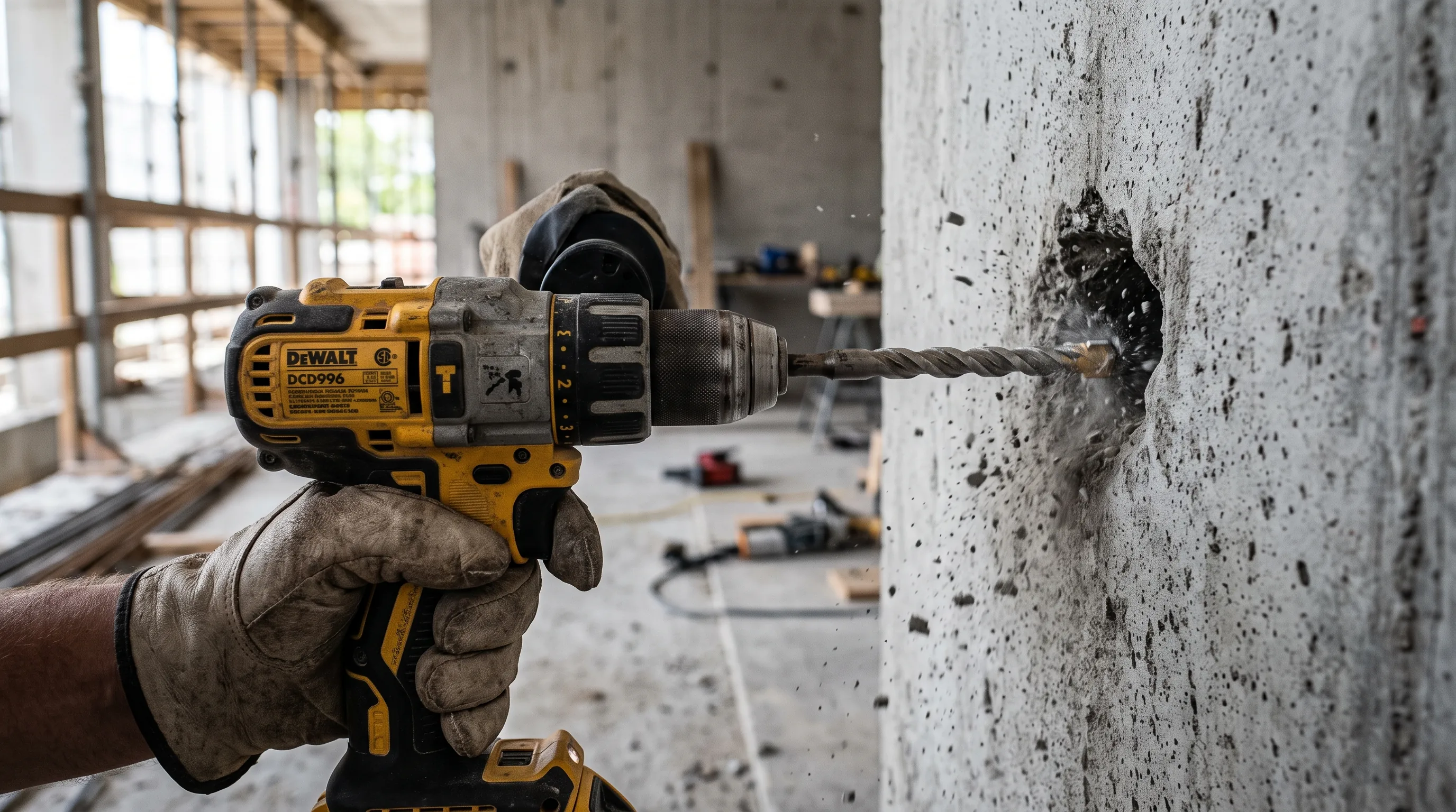 Close-up of a carbide-tipped masonry drill bit chucked into a hammer drill mid-drill into a gray concrete wall, with dust visible around the hole