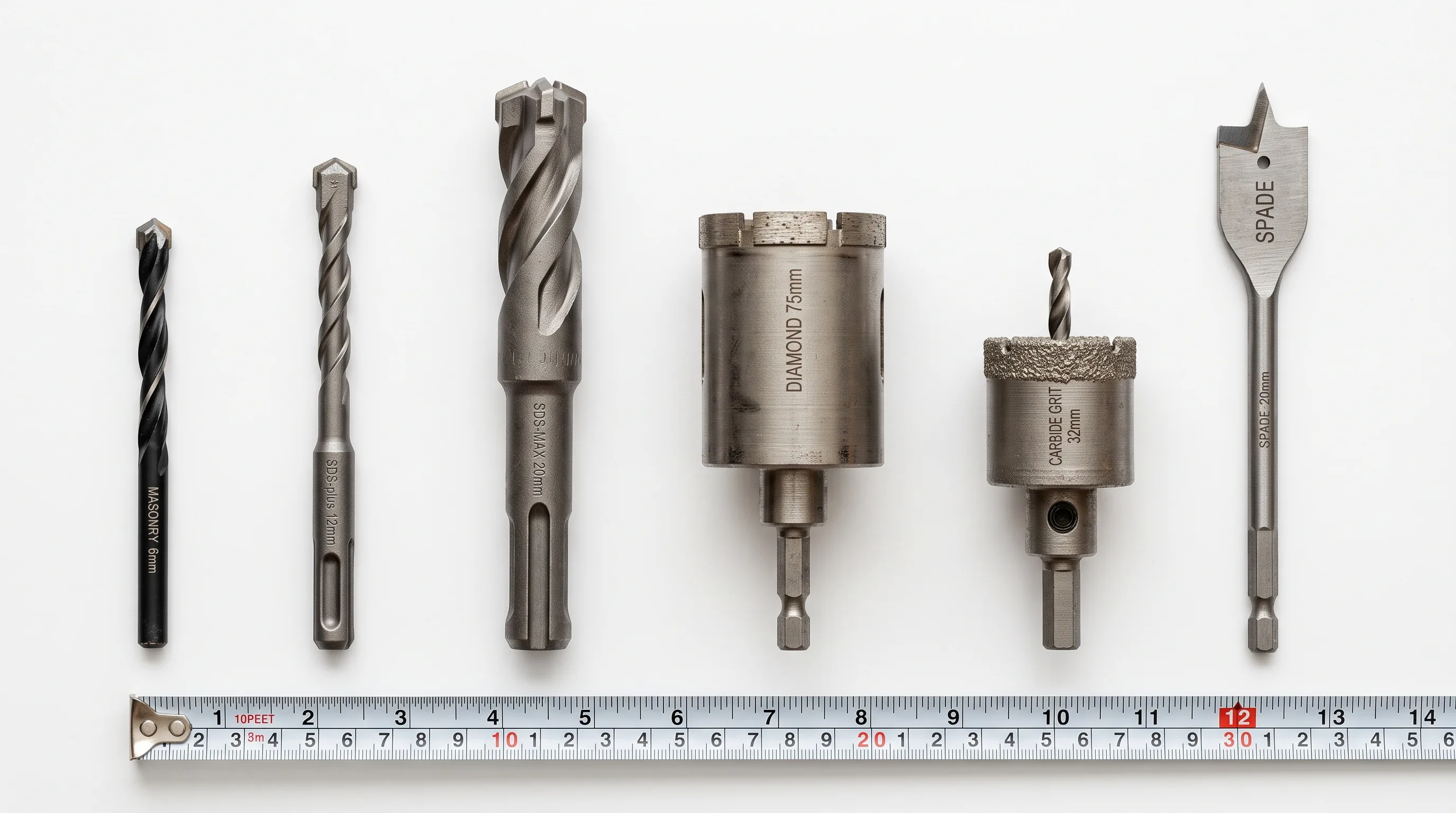 Flat lay of six concrete drill bit types on a white background with a ruler for scale — carbide masonry bit, SDS-plus bit, SDS-max bit, diamond core bit, carbide grit hole saw, and spade masonry bit
